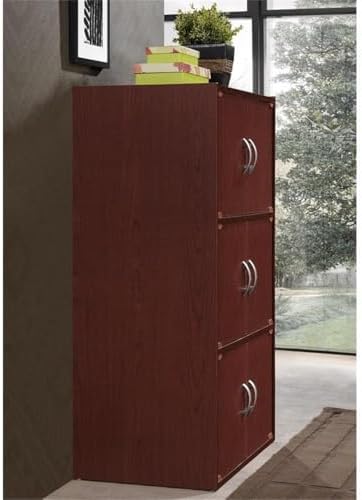 Pemberly Row 3-Shelf 6-Door Wood Bookcase, Mahogany Finish, 41" H x 23.40" W x 15.5" D, Slim Versatile Design, Multi-Purpose for Office, Bedroom, Kids Room, Kitchen or Entryway Storage