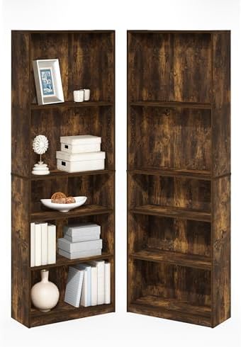 Furinno Jaya 5-Tier Book Shelf with Adjustable Shelves Set of 2, Amber Oak