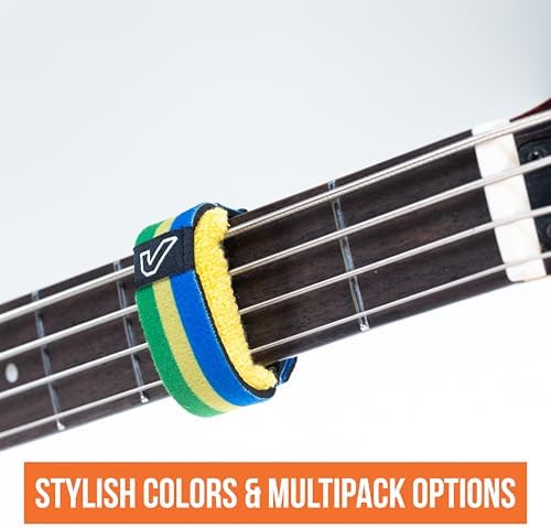 Gruv Gear Fret Wrap & Guitar Mute, Fretwrap for Acoustic, Electric & Bass | String Dampener Recording, Tapping & Practice Accessory (1 Pack, Medium Green/Yellow/Blue, Fits 5 String Bass, 7 String