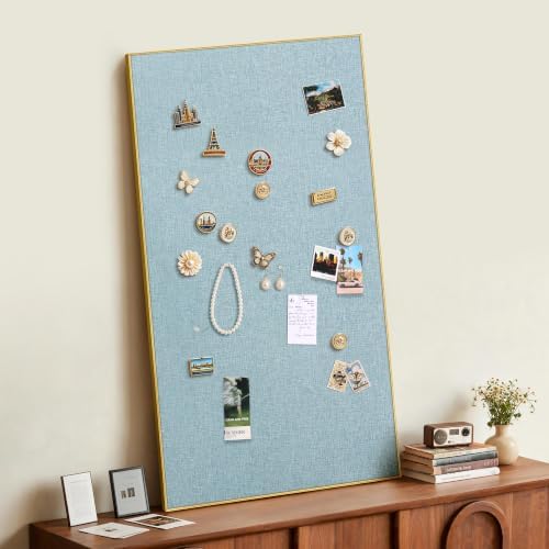 SELEAD Linen Bulletin Board 48” x 24” - Golden Aluminum Frame, Teal Fabric