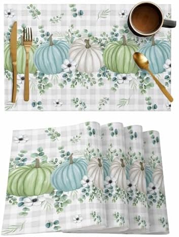 Fall Thanksgiving Placemat, Autumn Pumpkins Eucalyptus Leaves Heat Resistant Dining Table Mats Fall Holiday Farmhouse Decor for Kitchen&Linens Outdoor Indoor, White Blue Green Gray Plaid