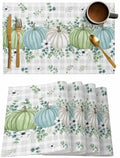 Fall Thanksgiving Placemats Set of 4, Autumn Pumpkins Eucalyptus Leaves Heat Resistant Dining Table Mats Fall Holiday Farmhouse Decor for Kitchen&Linens Outdoor Indoor, White Blue Green Gray Plaid