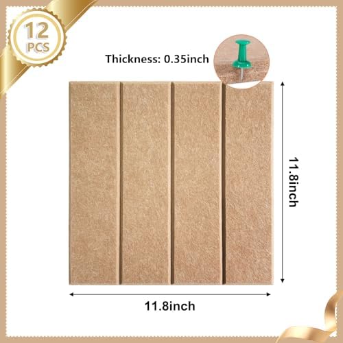 12 Packs Camel Felt Pin Board, Large 12" Bulletin Board with 30 Push Pins, Felt Board Slat Wall Paneling for Office Home Kitchen, Self-Adhesive Corkboard Tiles for Classroom Message Photos Memos