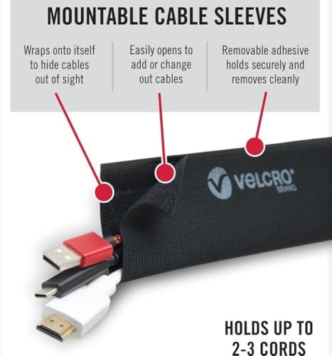 VELCRO Brand Complete Desk Cable Management Kit | 8in Mountable Cable Sleeve 2pk + 150pk Reusable Cable Ties + Desk & Nightstand Cord Organizer | Black, Damage-Free Mounting
