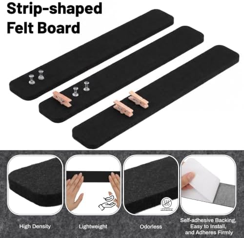 Thboxes 8 Pack Felt Bulletin Board Strips, 13x2 Inch Self Adhesive Felt Pin Boards with 50 Pushpins and 10 Wooden Clips Push Pins, Cork Board for Walls Home Office Decor(Black)