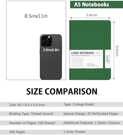 Dynta Hardcover Journal Notebooks, 10 Packs A5 Lined Journals Bulk for Writing 200 Pages/100Sheets, 8.4 x 5.8 inch, Classic Ruled Notebook for Work/Travel/College/Note Taking(Dark Green)