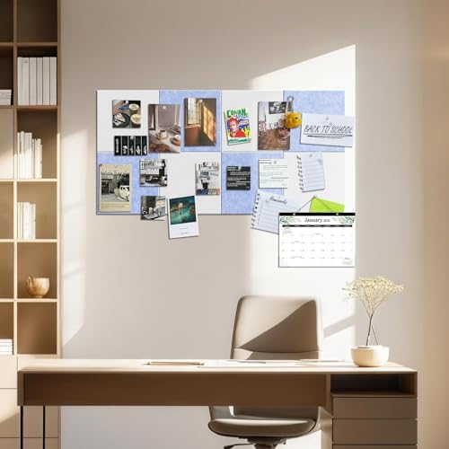 TSJOFFICE Large Cork Board for Wall - 48" x 24" Bulletin Board with 30 Pushpins for Office Decor, Pin Board 8 Pack Felt Tiles with Safe Removable Adhesive Tabs, Corkboard for Home - Light Blue & White