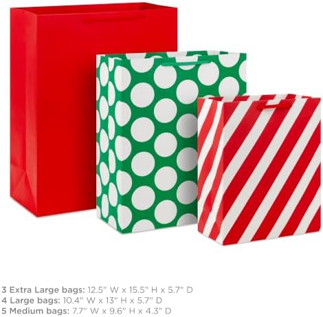 Hallmark Christmas Gift Bag Assortment, 12-Pack (Red, Green, Stripes, Dots)