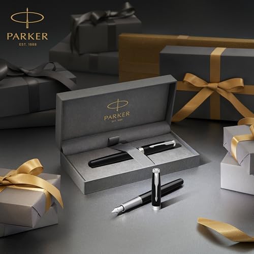 PARKER Sonnet Fountain Pen Premium Metal and Blue Satin Finish with Chrome Trim Fine 18k Gold Nib with Black Ink Cartridge Gift Box