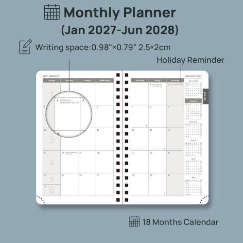 POPRUN Monthly Planner 2027-2028 (Jan.27-Jun.28),4.5"x6.25" Pocket Calendar