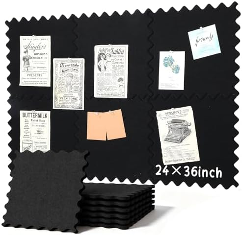 Wave Shaped Large Cork Board for Wall 36" x 24" Black Bulletin Board 6 Pack Felt Wall Tiles Self-Adhesive Removable Soft Wooden Boards for Home Office