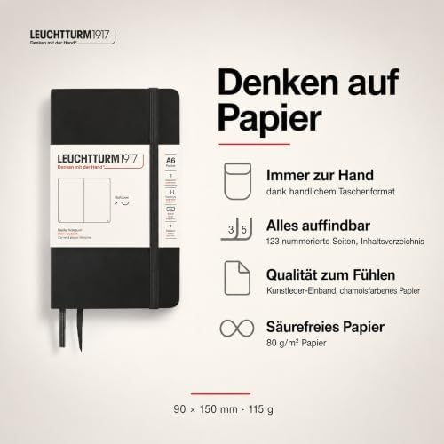 LEUCHTTURM1917 - Notebook Softcover Pocket A6-123 Numbered Pages for Writing and Journaling (Plain, Black)