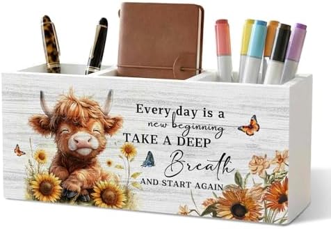 Motivational Highland Cow Pencil Pen Holder for Desk Organizer, Highland Cow Gifts, Farmhouse Highland Cows Nursery Wooden Box Decorations for Home Office Kids Room Desk Tabletop Decor