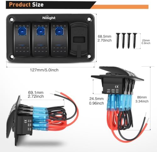Nilight 3 Gang Rocker Switch Panel with 4.8 Amp Dual USB Charger Voltmeter Night Glow Stickers Waterproof 12V 24V DC Switches for Cars Trucks Boats RVs, 2 Years Warranty,Blue