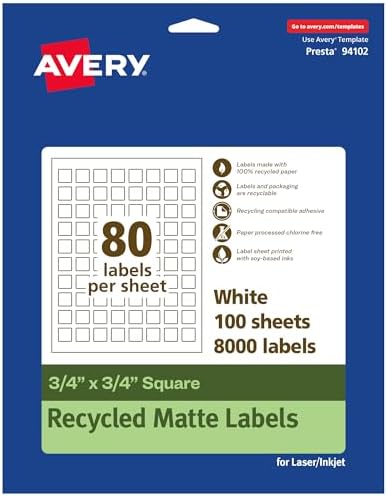 Avery® EcoFriendly Matte White Recycled Square Labels, 3/4" x 3/4", Print-to-The-Edge, Matte White Labels, Permanent Adhesive, Laser/Inkjet Printable, 8,000 Total