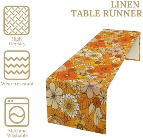 Floral Table Runner Retro 70s Hippie Daisy Flower Peace Love Birthday Party Retro Kitchen Dinning Home Decoration 13x120 Inch