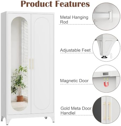 SteeLoong 71”Armoire Wardrobe Close,White Wardrobe Cabinet with Mirror Door
