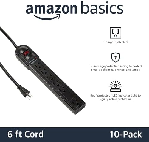 Amazon Basics Surge Protector Power Strip, 6-Outlet, 790 Joules, Circuit Breaker, LED Indicator, 6ft Extension Cord, Black, 10-Pack