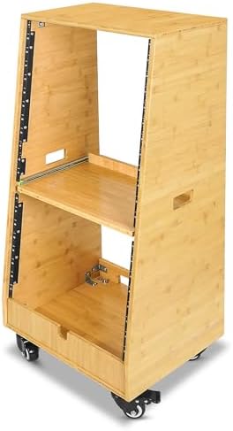 Sound Town DIY Solid Carbonized Bamboo Slanted 20U Studio Rack (12U Top + 8U Lower), with 2U Bottom Storage, Slide-Out Tray, Caster, For Recording Room, Home Studio (STBR-ST20T)