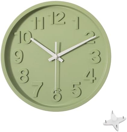 Clockswise 12-Inch Modern Minimalist Round Plastic Wall Clock Green Dial with Bold Arabic Numerals Analog Display Step Movement Easy-to-Read Timepiece for Living Room Kitchen Office Bedroom Wall Decor