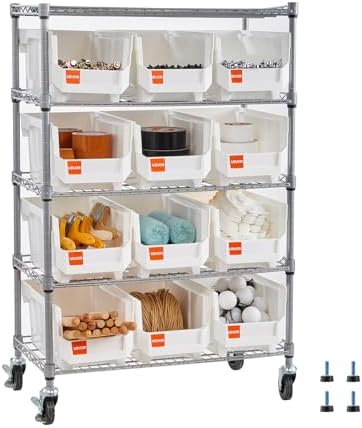 VEVOR 5-Tier Rolling Bin Storage Rack, 12 Organizer Bins, Bin Rack Storage Steel Wire Shelving System with Wheels, Mobile Tool Organizer for Garage, Warehouse, Office, Restaurant, Classroom, Kitchen