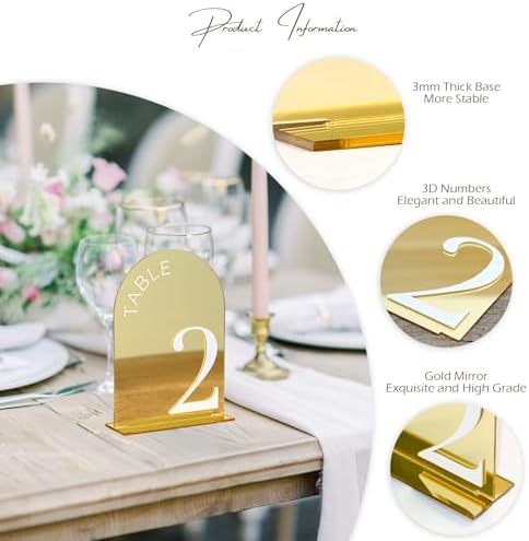 Gold Mirror Arch Wedding Table Numbers 1-10 with Stands