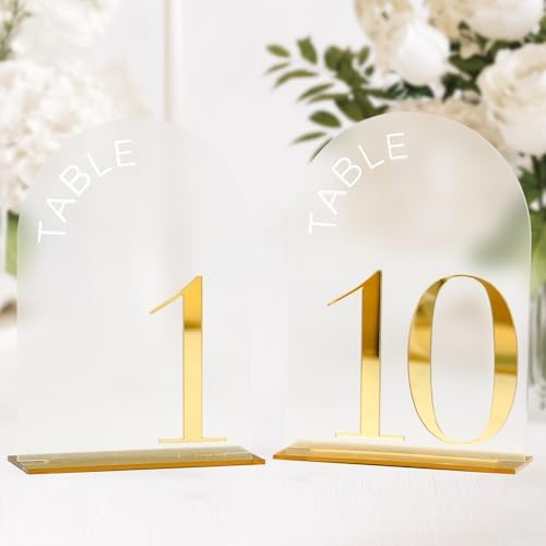 Frosted Arch Wedding Table Numbers 1-10, Gold Numbers and Stands