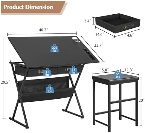 VECELO Drafting Table Art Desk Art Table Adjustable Drawing Table Tilted Tabletop with 2 Storage Drawers and Stool, Drawing Desk for Artist Painters Drawing, Crafting, Reading, Writing, Black