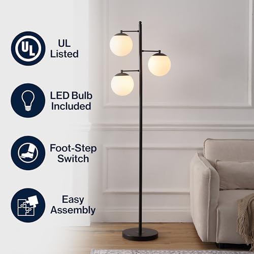 JONATHAN Y Ellie 3-Light Floor Lamp 66" Mid-Century Metal, Black