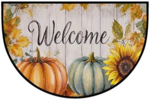 Autumn Pumpkin Sunflower Wood Half Round Door Mat, Non-Slip Welcome Indoor Entrance Way Rug Semi Circle Front Doormats Washable Bathroom Kitchen Floor Mat, Outdoor Rugs for Garage, Patio, Hearth Rug