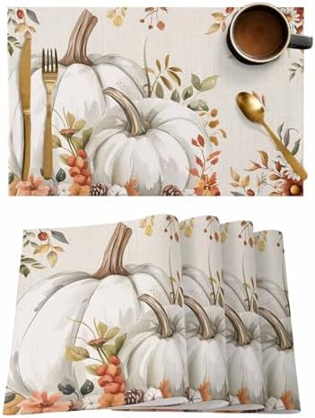 Fall Floral Leaves Placemat, Thanksgiving Pumpkins Heat Resistant Washable Table Place Mats Boho Cotton Table Linens Party Holiday Decorations for Home Kitchen Dining Table Outdoor Indoor,