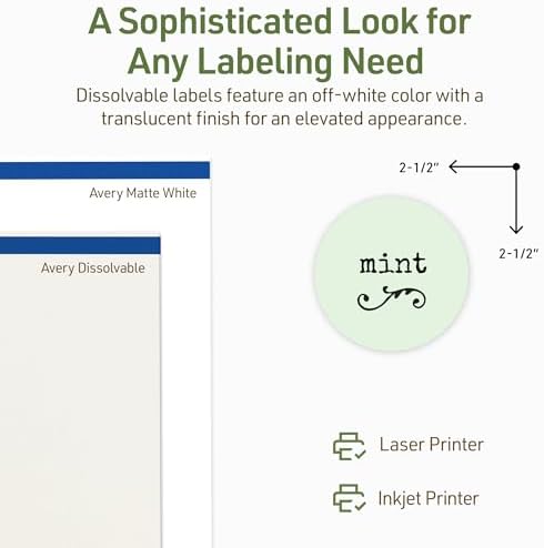 Avery Dissolvable Round Labels, Sure Feed Technology, 2.5" Diameter, Matte White, Print-to-The-Edge, Laser/Inkjet Printable, 225 Labels Total