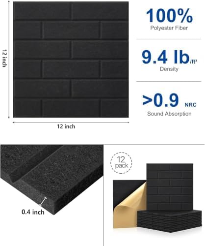 Large Self-Adhesive Cork Board,Set of 12 Soundproof Wall Tiles,Felt Wall Cushion for Home,Studio,Recording Room,Office,Acoustic Treatment (Black)