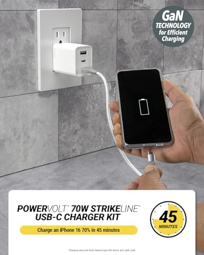 Scosche 70W Fast Charging Compact 3-Port Wall Charger Block wiht 8ft Cable, Dual USB-C & USB-A GaN Power Delivery Adapter with Foldable Plug for iPhone 17/16, iPad, MacBook Air, Galaxy S26/S25 & More