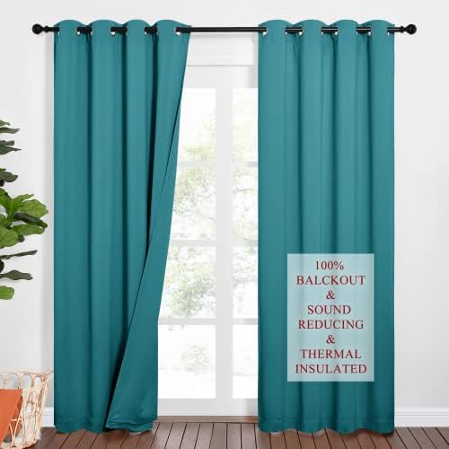NICETOWN Sound Barrier 100% Blackout Divider Curtains 84", Noise, Heat and Cold Blocking Drapes with Felt Fabric Lining for Nursery/Daytime Sleep/Bedroom (Peacock Teal, 2 PCs, 52" Wide)