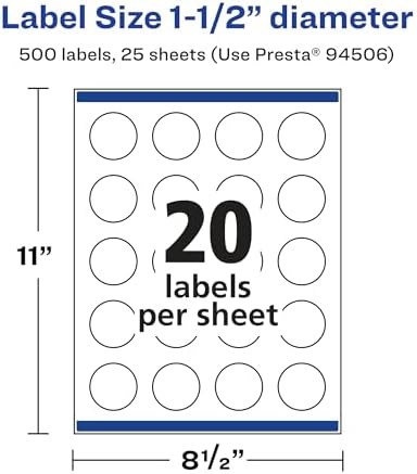Avery® Matte White Round Labels, Sure Feed® Technology, 1.5" Diameter, 500 Matte White Printable Labels
