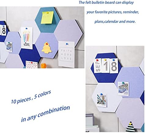 10Pcs Self Adhesive Felt Board Tiles Hexagon Bulletin Board for Walls, Felt Cork Pin Board for Pictures Photos Memos with Push Pins (Color C)