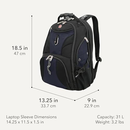 SwissGear 1900 ScanSmart Laptop Backpack, Fits Most 17-Inch Laptops, TSA-Friendly Lay-Flat Design, RFID Protection, and Tablet Pocket, Black, 31L, 18.5-Inch