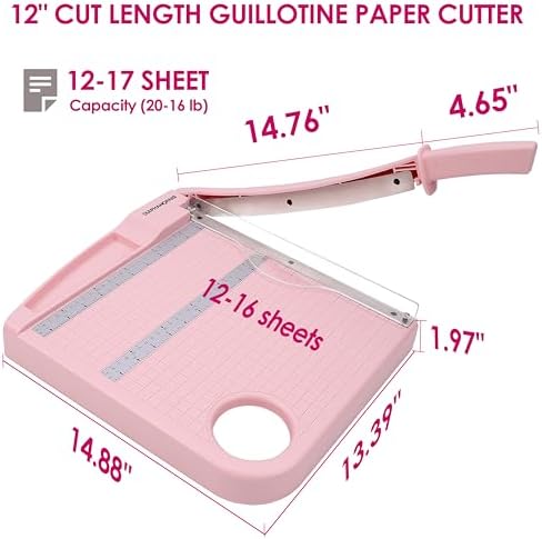 12" Paper Cutter, Precision Cut with Safety Protection and Blade Lock, 12 Sheet Capacity, Great for Cardstock, Cardboard, Photo, Vinyl, Crafts, Scrapbook (Pink)