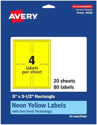 Avery Printable Rectangle Labels, Sure Feed Technology, 5" x 3-1/2", Neon Yellow Labels, Laser/Inkjet Printable, 80 Total, Great for Shipping and Packaging