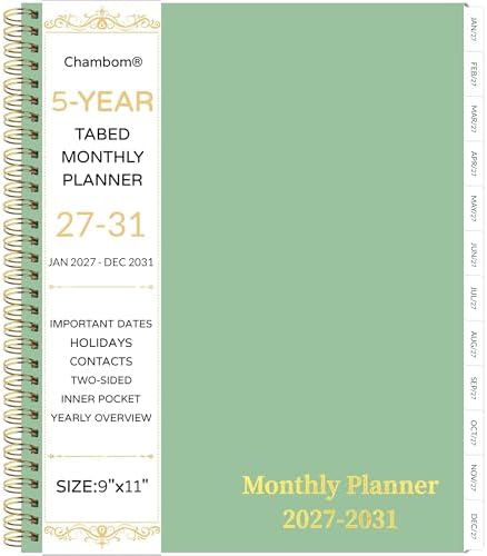 2027-2031 Monthly Planner, 5 Year Monthly Planner/Calendar 2027-2031, 60-Month Jan 2027 – Dec 2031, 9" x 11", Tabs, Double-Side Pocket, Holidays, Thick Paper - Green