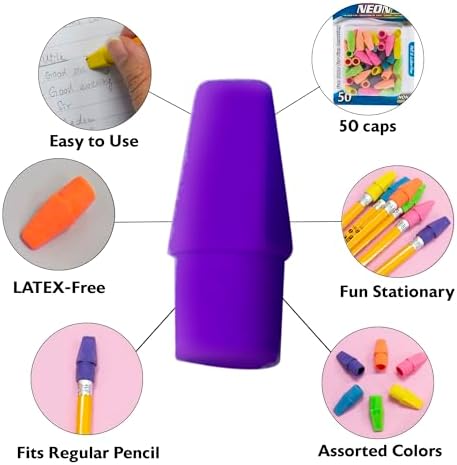 BAZIC Products Neon Pencil-Top Eraser Caps, Latex-Free, 50 Pack, 72-Case