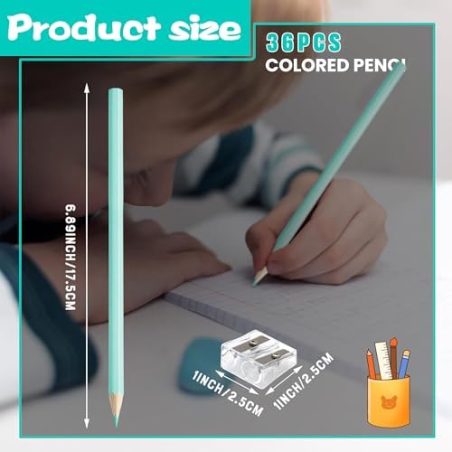 36 PCS Macaron Blue Colored Pencils with Eraser Pre Sharpened Pencil 2 HB - Ideal for Checking, Grading, Tests & Office/School Supplies