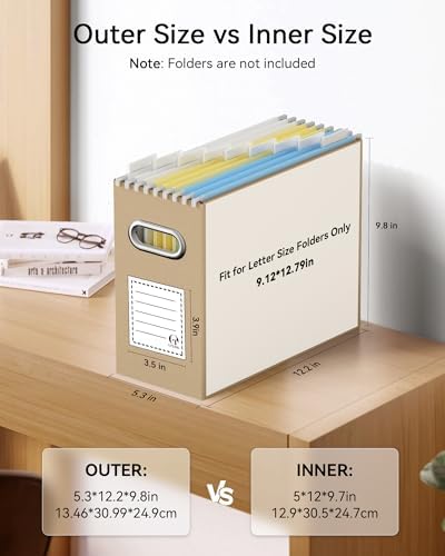 Oterri Portable Collapsible Cardboard File Box with Handle for Letter-Size | 2-Pack. Stainless Steel Handle. Label Stickers Included. Fits Letter Folders (Not Included). Home, Office, School, Dorm, Tax.