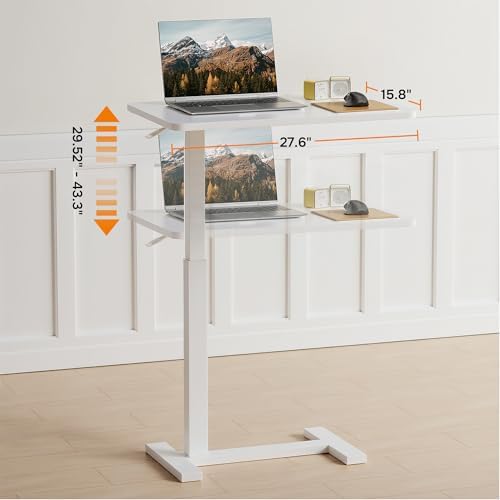 Overbed Bedside Table with Hidden Casters, Adjustable Pneumatic Mobile Laptop Computer Standing Desk, Rolling Laptop Table, Movable Overbed Table Hospital Home Use, White