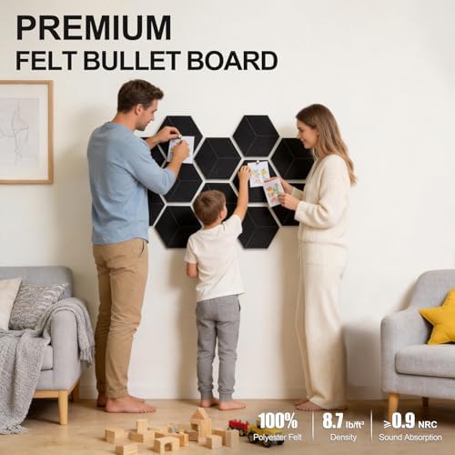 12-Pack Hexagon Cork Board Alternative for Walls Decor, 38.2" x 38.2" Large Felt Bulletin Board, with Pushpins, Damage-Free Adhesives, Thick Pin Board for Office, Home (Black)
