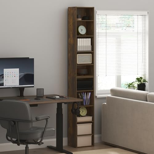 Furinno PASIR Book Shelf, 10-Tier Bookshelf, Bookcase with Open Shelf, 9.2 x 11.8 x 78.7, for Living Room, Bedroom, Home Office, Amber Pine