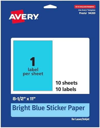 Avery Printable Sticker Paper, 8-1/2" x 11", Full-Sheet Labels, Bright Blue Labels, Laser/Inkjet Printable, 10 Total, Great for Packaging and Stickers