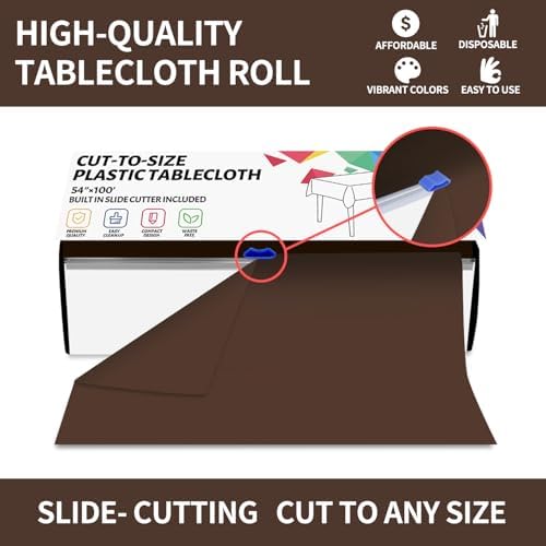 CXPSINC 54 Inch X 100 Feet Plastic Table Cover Roll Disposable Tablecloth with Slide Cutter for All Type/Shape Tables | Party, Banquet, Birthdays, Weddings(Brown, 100 Feet)