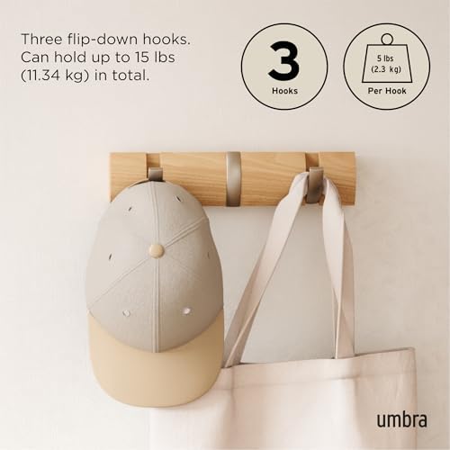 Umbra Flip Coat Rack, Wall Mount Retractable Hooks, 3-Hook, Natural/Nickel